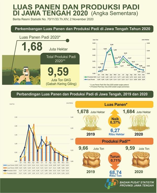 In 2020, rice harvest area estimated amounting to 1,684.75 thousand hectares with production of 9.59 million tonnes of GKG